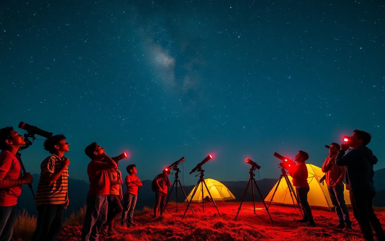 A gathering of children stargazing at night