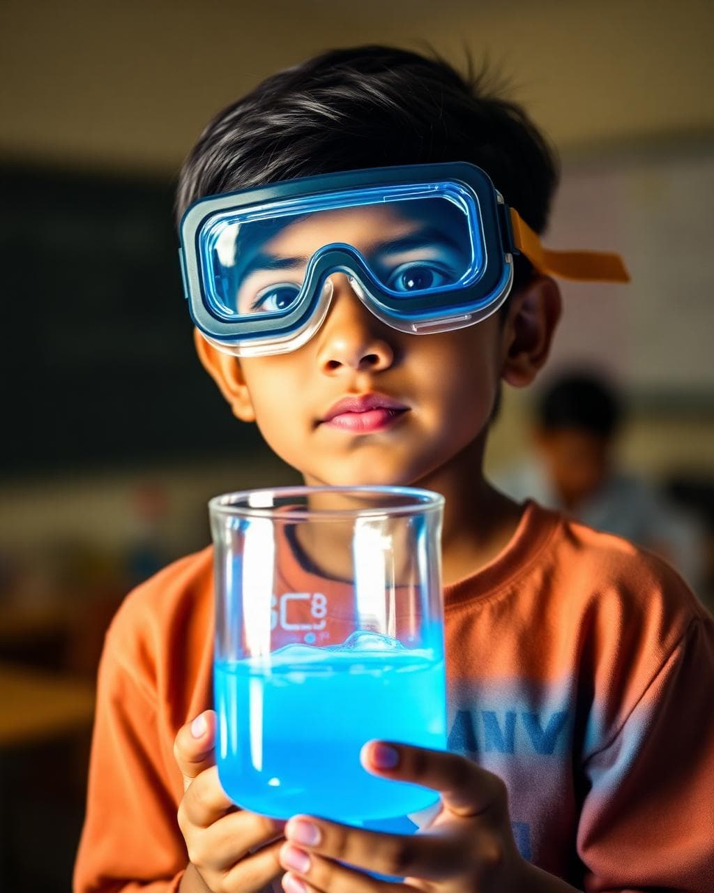 A student in safety goggles holding a glowing blue beaker