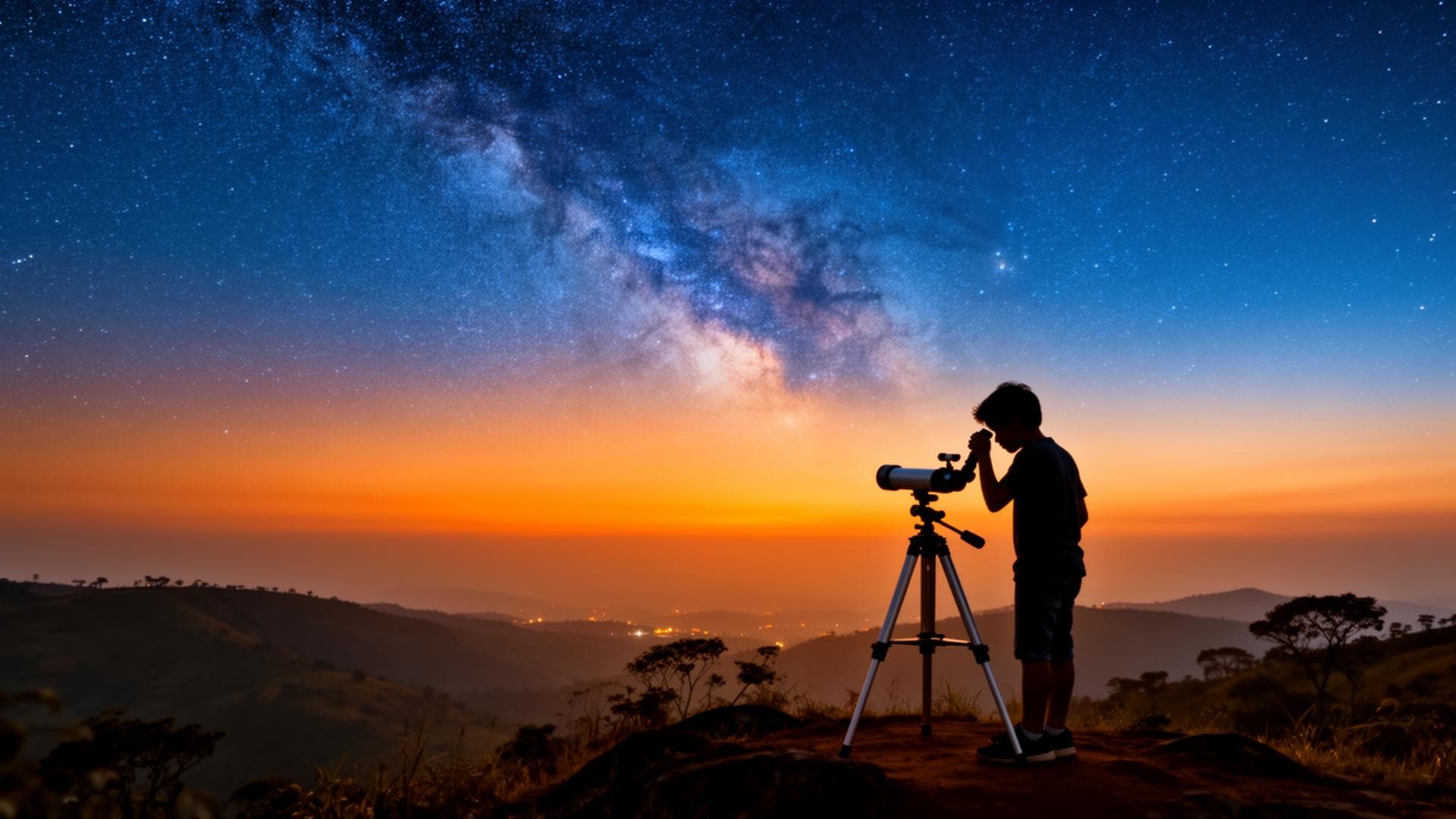 A child looking through a telescope under the Milky Way